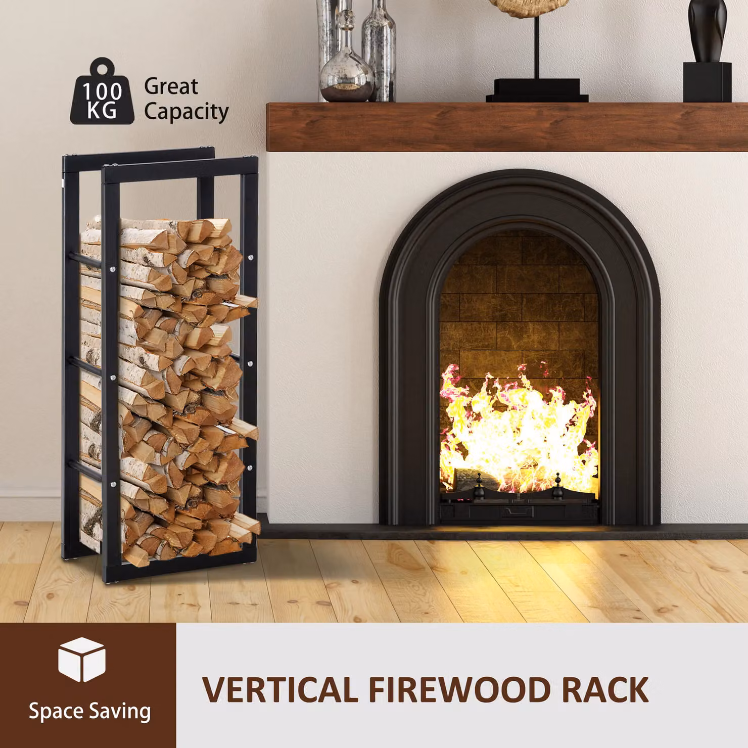 HOMCOM Metal Firewood Log Holder Rack in Matt Black W/D/H: 40 x 40 x 40 cm – 3