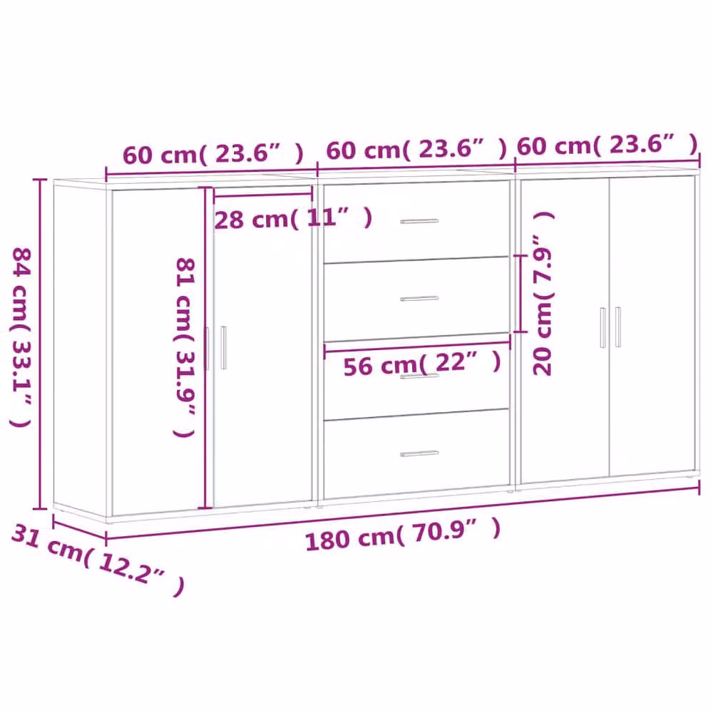 Berkfield Home Set of 3 Modern Sideboards in Concrete Grey, W/D/H: 60 x 31 x 84 cm – 2