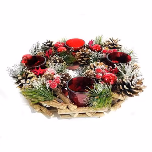mysmartbuy Festive Red Christmas Candleholder Centrepiece with 4 LED Tealights, H9 x W30 x D30 cm – 3