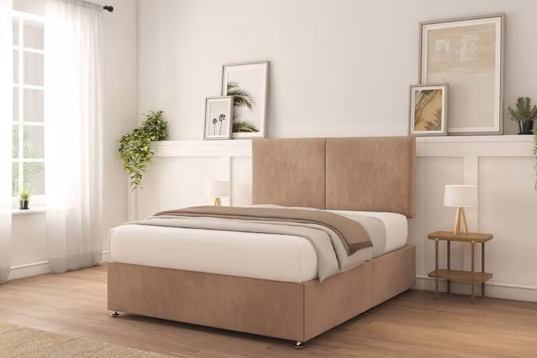 Sloomy Montana Naples Super King Divan Bed Base with 26 inch Strutted Headboard in Light Brown Velvet Fabric