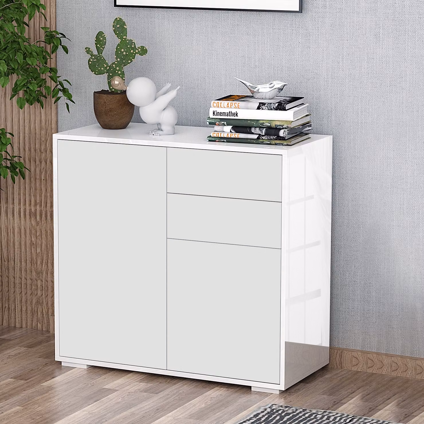HOMCOM Modern White Glossy Push-Open Storage Cabinet with 2 Drawers and 2 Doors – 2