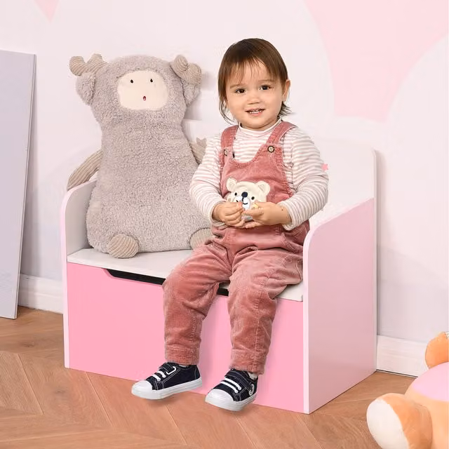 HOMCOM Kids Wooden Toy Box and Storage Bench with Soft-Close Lid, Pink