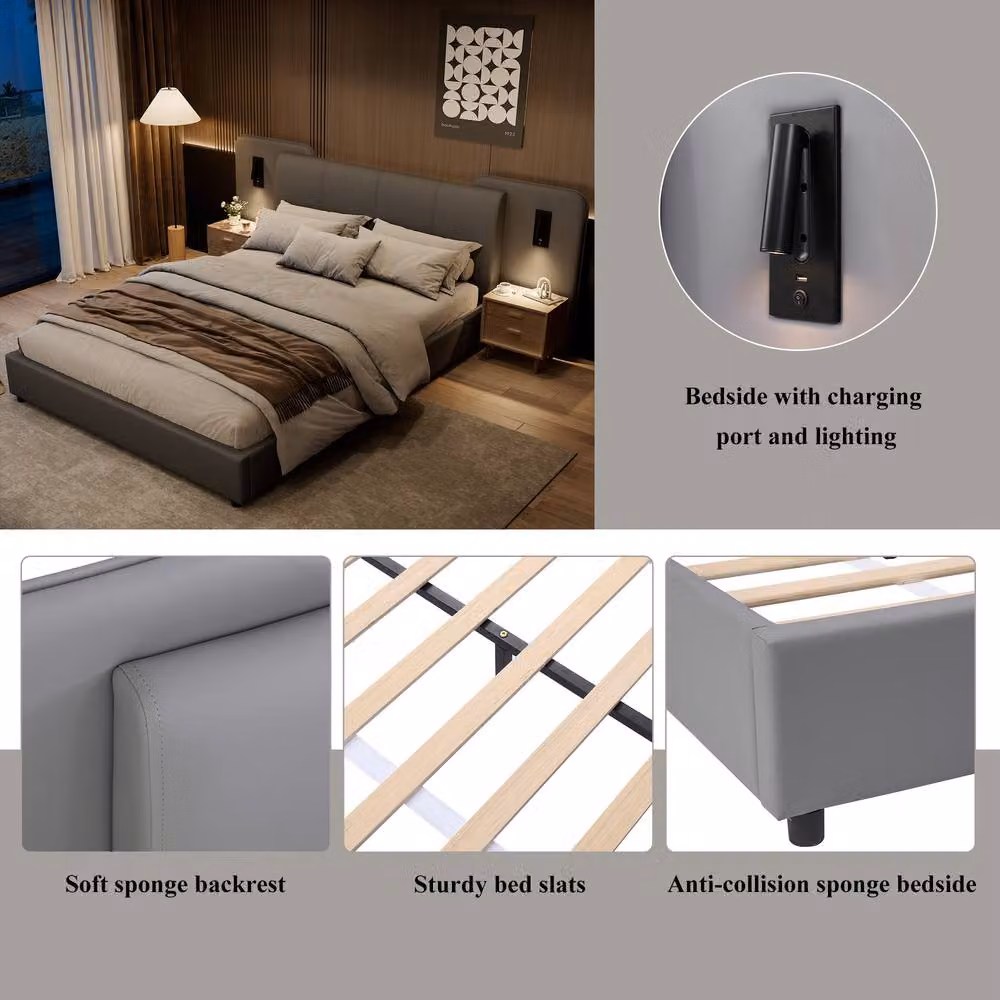 Matteo Upholstered Double Bed in Grey with USB Charging Port and Integrated Reading Light, W/D/H: 140 x 200 cm – 5