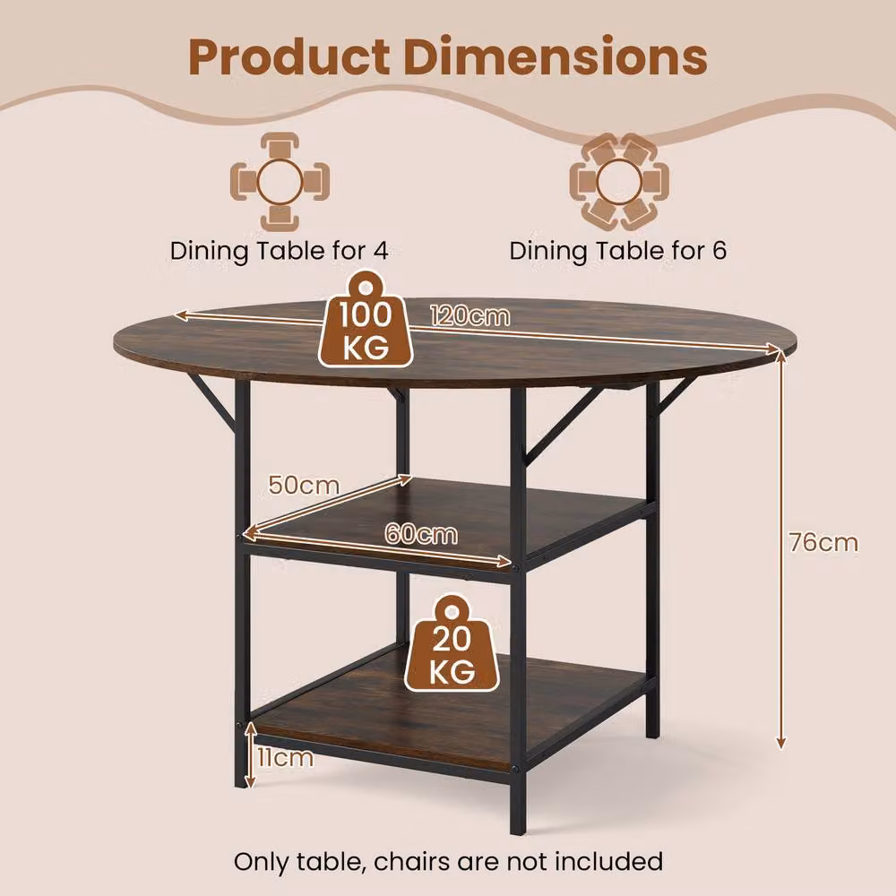 Costway Modern Round Dining Table with 2 Storage Shelves in Brown, Diameter: 120 cm – 2