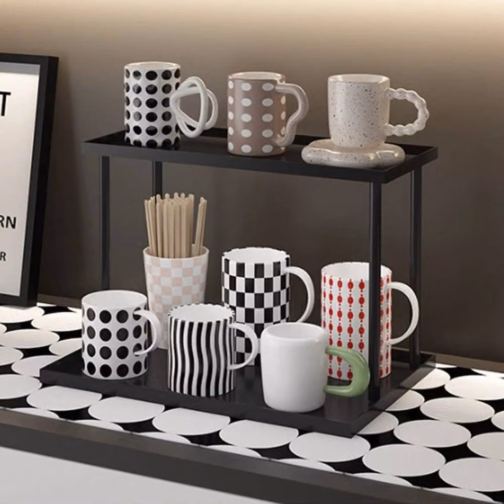KORVIXA Black 2 Tier Metal Desk Coffee Mug Holder Rack with Shelf – 3