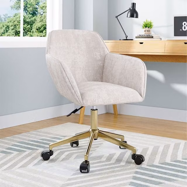 Komore Beige Velvet Upholstered Swivel Tub Task Chair with Gold Metal Frame and Armrests