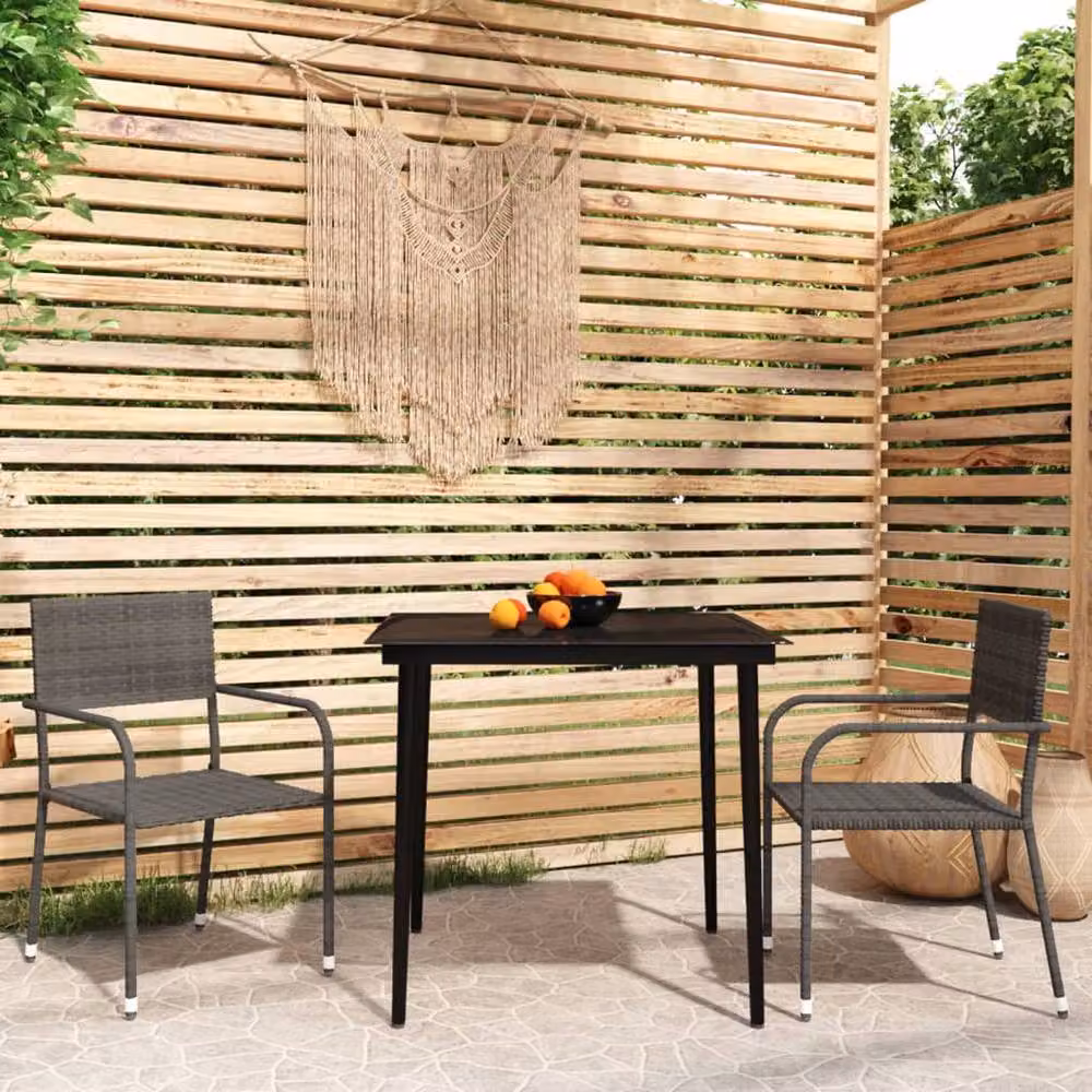 Berkfield Home 3 Piece Grey Rattan and Metal Garden Dining Set with Glass Top – 2
