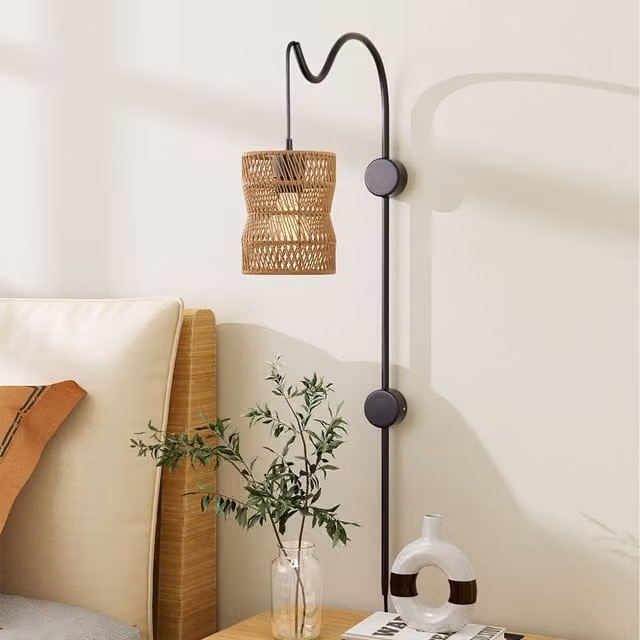 Komore Black Boho Wall Light with Paper Rattan Lantern Shade