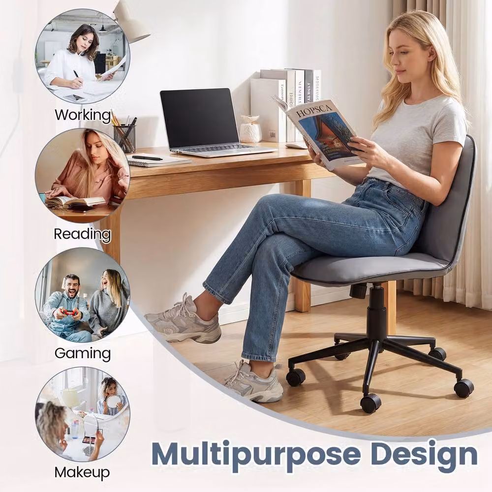 Gymax Grey PU Leather Swivel Task Computer Chair for Home Office – 7