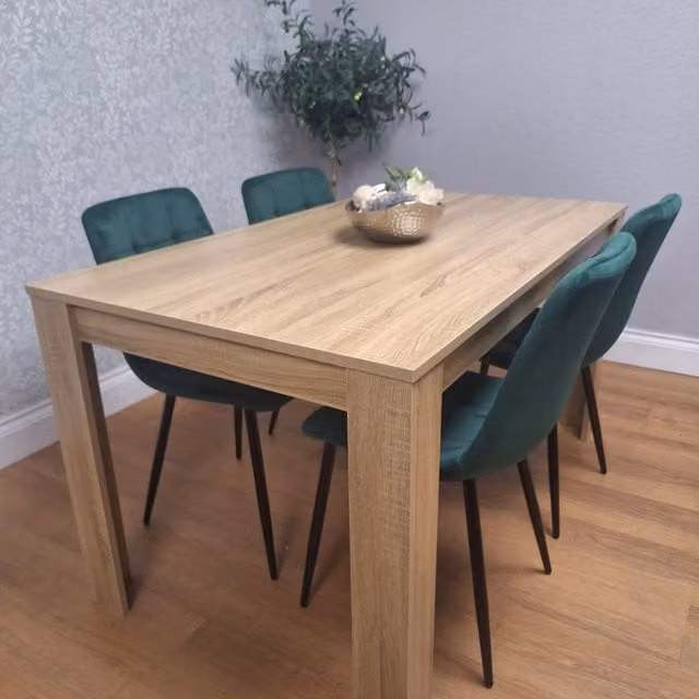 KOSY KOALA Dining Set with Oak Effect Rectangular Table and 4 Green Velvet Chairs in Brown – 1