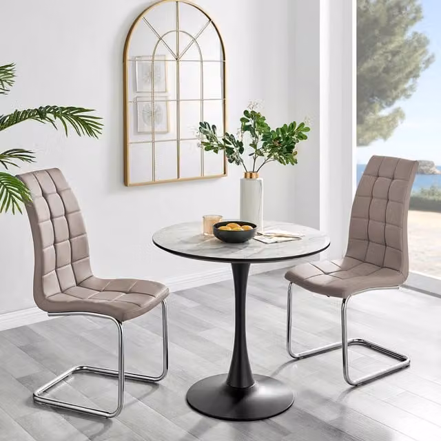 FurnitureboxUK Elina White Marble Effect Round Dining Table and 2 Murano Faux Leather Chairs in Beige