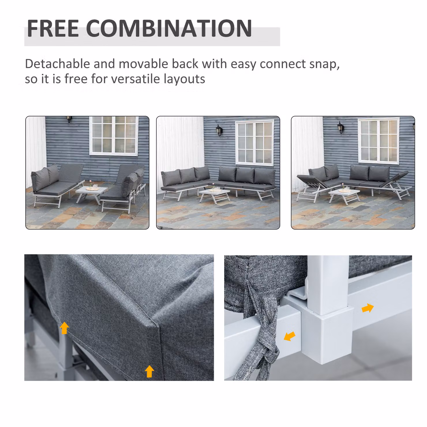 Outsunny 3 Piece L-Shape Garden Seating Set with Convertible Sofa, Coffee Table and Grey Weather-Resistant Cushions – 4