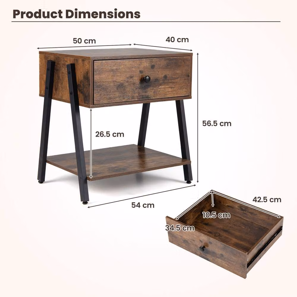 Costway Industrial Nightstand with Drawer and Shelf, Brown Wooden Bedside Table – 2