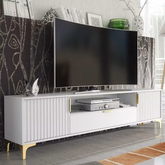 Creative Furniture Tide Crest TV Unit in White and Gold, W: 200 cm, D: 35 cm, H: 50 cm – 1