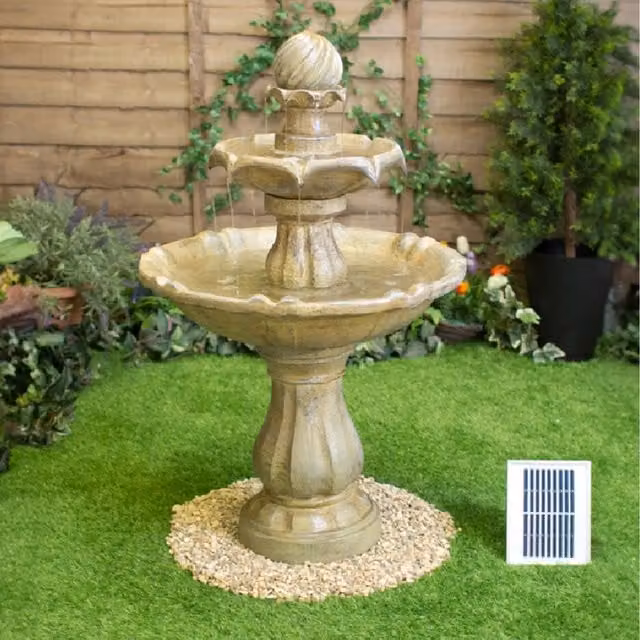 Primrose Round Imperial Tiered Solar Powered Cascade Water Feature with LEDs in Beige and Yellow