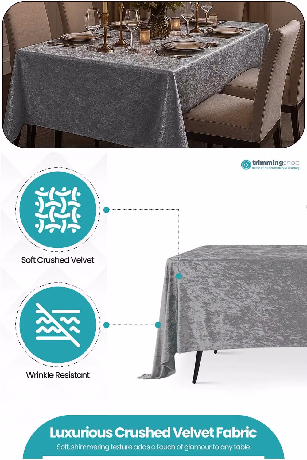 Neel Blue Diamond Velvet Rectangular Tablecloth in Blue and Silver, W: 177.8 cm x D: 177.8 cm x H: 177.8 cm – 1