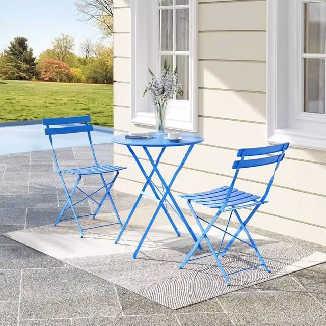 London Boutique 3-Piece Foldable Bistro Set Blue Metal Garden Furniture Set with Table and 2 Chairs