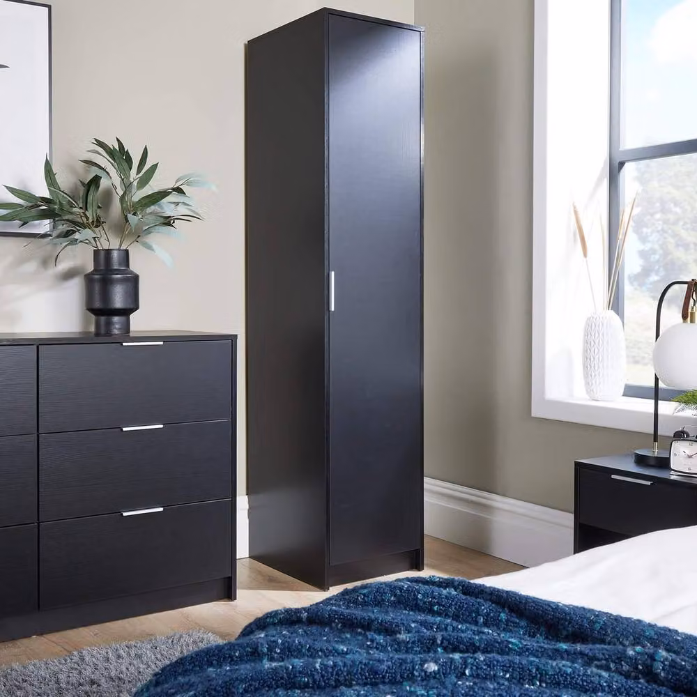FORGEVIO Modern Black Lacquered Wardrobe with Hinged Doors, Hanging Rod and Internal Shelves – 2