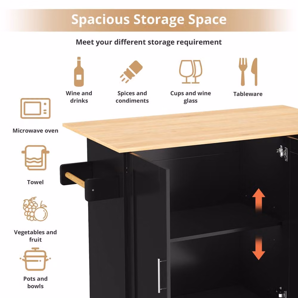 BTM Rolling Kitchen Island with Foldable Top, 3 Drawers and 2 Doors in Black, H 90.0 x W 70.0 x D 70.0 cm – 2