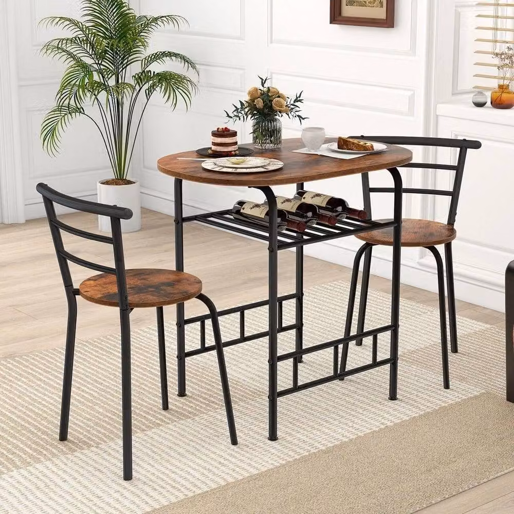 VOGREX 3-Piece Bar Table and 2 Chairs Set with Storage Shelf in Brown – 4