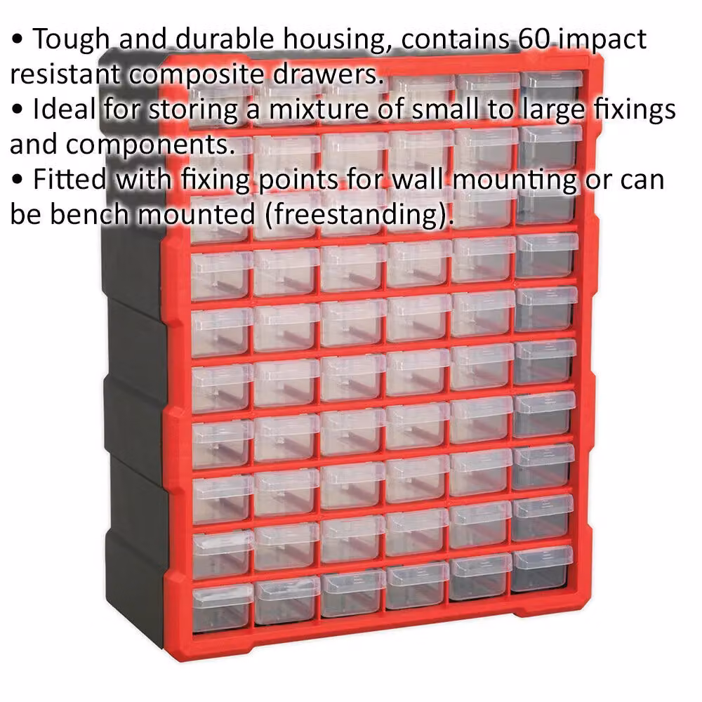 Loops 60 Drawer Parts Cabinet, Red, Wall Mounted or Standing, W: 38.0 cm, D: 16.0 cm, H: 47.5 cm – 2