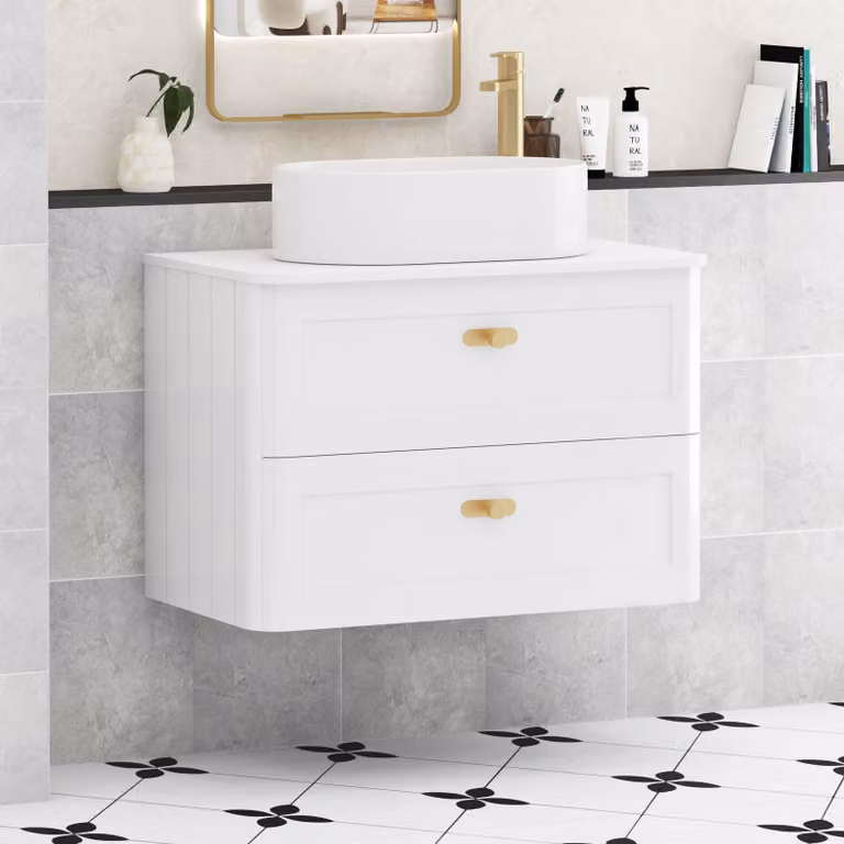 Royal Bathrooms Henley 800mm Gloss White Wall Hung 2 Drawer Vanity Unit with Plain White Worktop, Peak Basin and Brushed Brass Knob