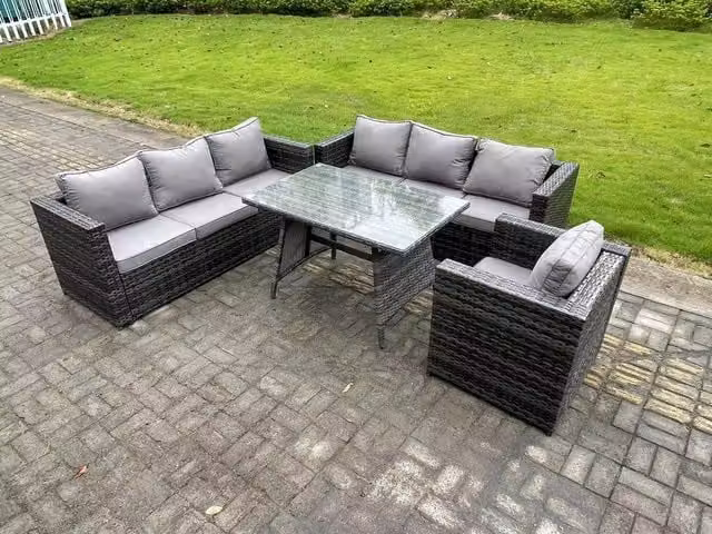 Fimous 7 Seater Wicker PE Rattan Garden Dining Set with Patio Table and Armchairs in Grey and Dark Grey
