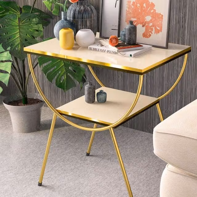 Woohoo Furniture Modern Style Rectangular Side Table with Metal Serving Tiers in Beige, Gold and White
