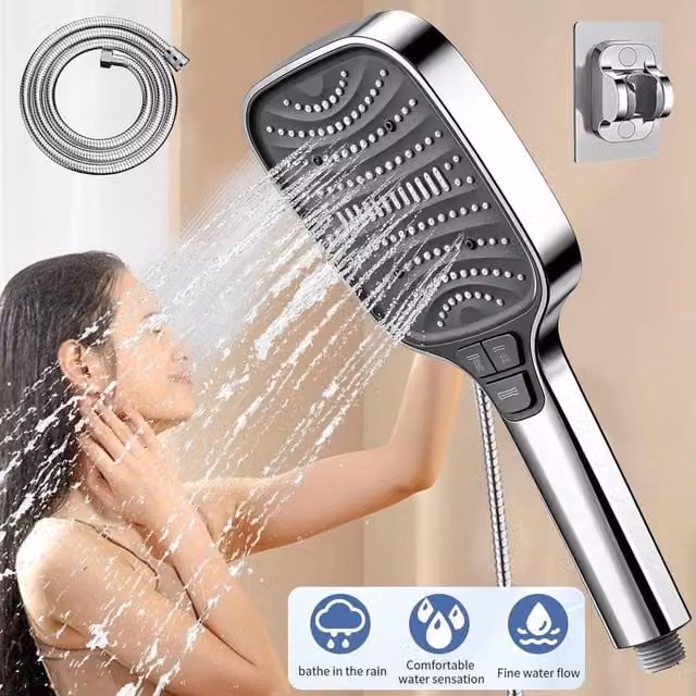 Kelvenix Water Saving Handheld Shower Head with 8 Jet Types in Silver and Chrome, Diameter: 52 cm