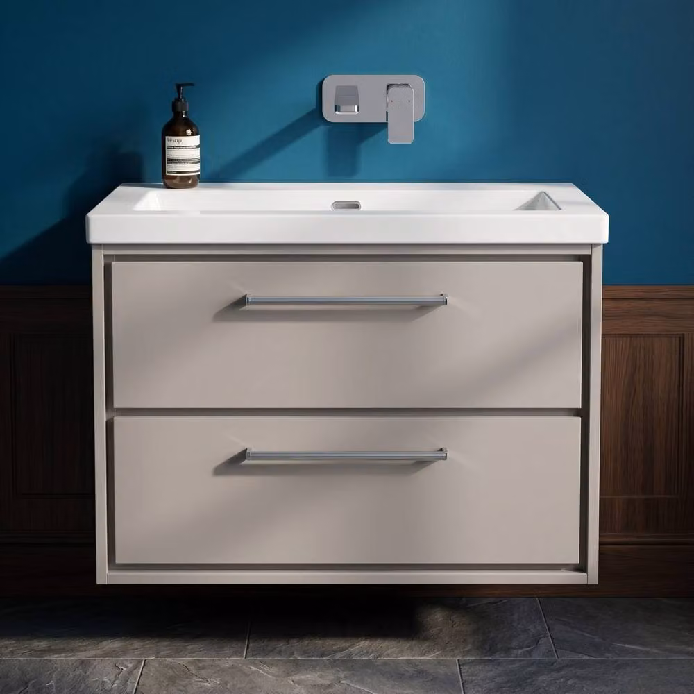 Balterley Wall Hung Bathroom Vanity Unit with 2 Soft Close Drawers and Fireclay Basin in Matt Grey, W/D/H: 80 x 60 x 58.4 cm – 3