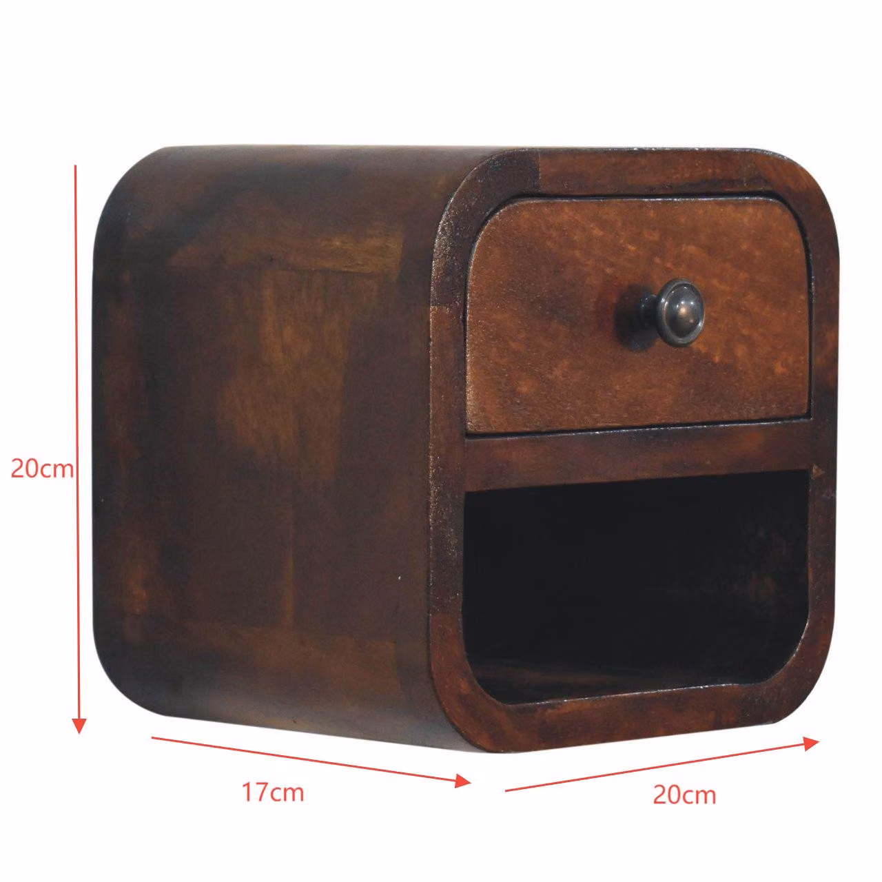 Aosom UK Solid Mango Wood Extra-Mini Curved Bedside Table with Open Shelf and Steel Frame, Brown, L: 17 cm, W: 20 cm, H: 20 cm – 2
