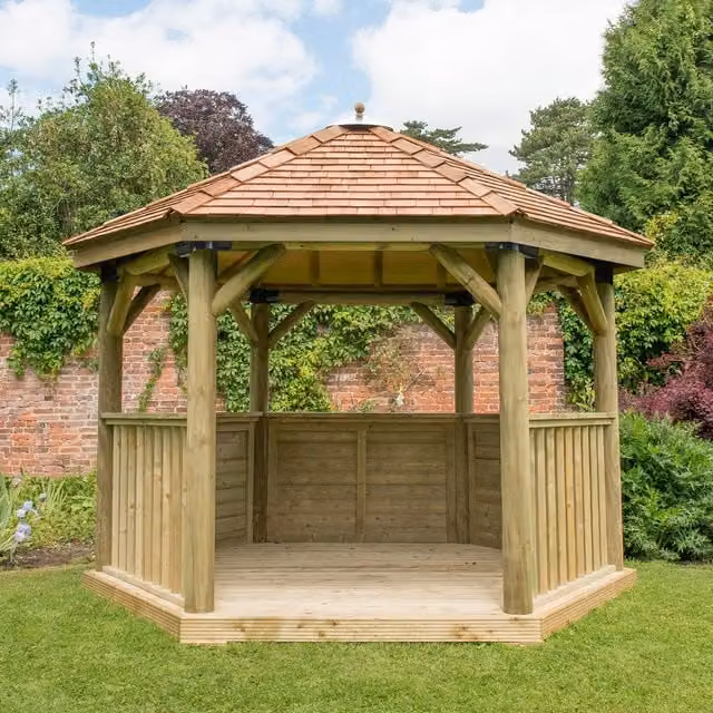 Forest Hexagonal Garden Gazebo in Brown Wood and Steel, 360 cm