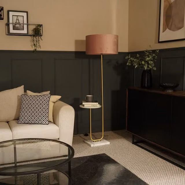 ValueLights Tavel Brushed Gold Floor Lamp with Dusty Pink Velvet Shade