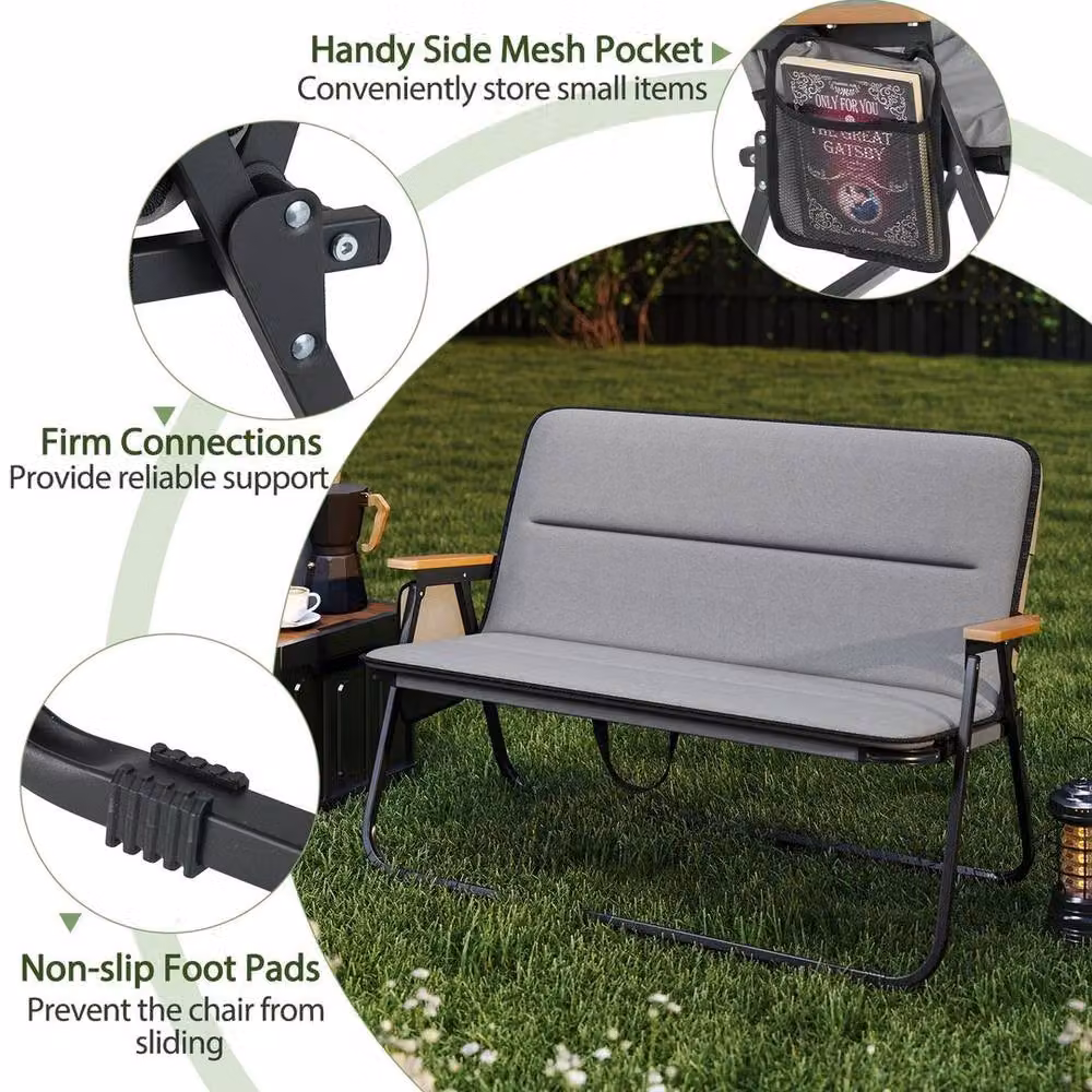 Kelvenix 2-Person Folding Garden Loveseat with Upholstered Fabric Cushions in Grey – 3