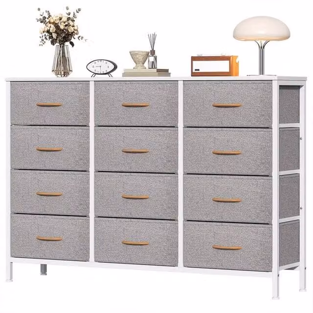 Ventryn Grey 12 Drawer Fabric and Metal Tall Dresser for Bedroom Storage – 1