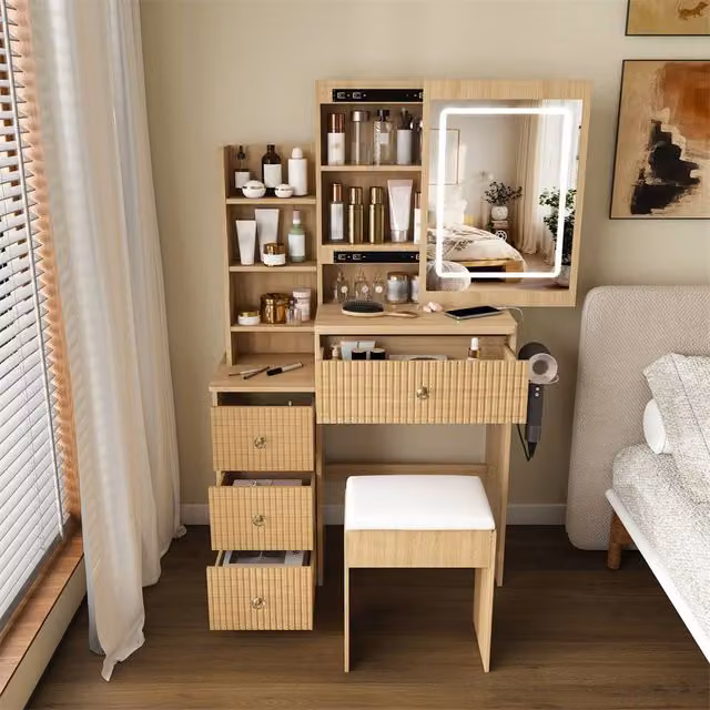 Direct Wicker Modern LED Vanity Desk with 4 Drawers and Dressing Chair in Beige and Brown – 1