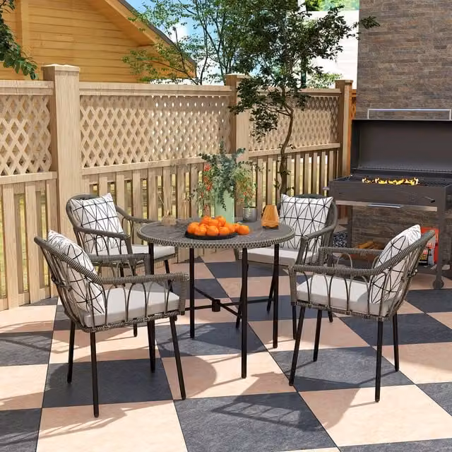 Outsunny 5 Piece Grey Rattan Patio Dining Set with Cushions and Glass Top