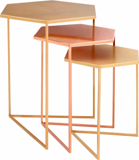 Orsina Set of 3 Geometric Gold and Bronze Nesting Tables with Hexagonal Metal Tops
