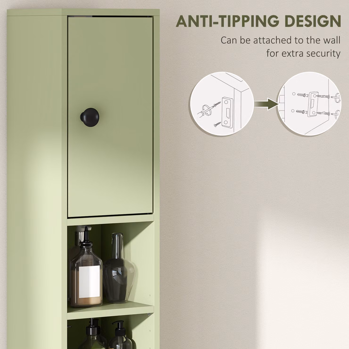 Kleankin Slim Green Bathroom Cabinet with Drawers, Shelves and Cupboards, H 180 x W 20 x D 20 cm – 4