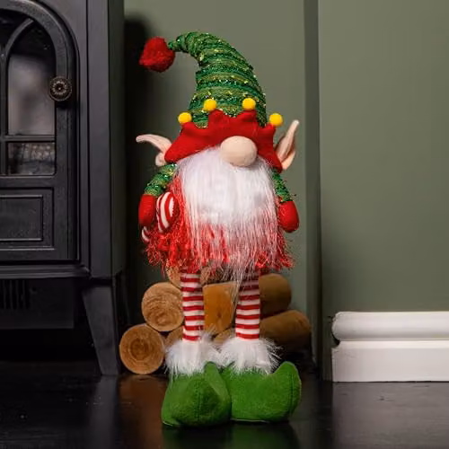 Samuel ALEXANDER Battery Operated Light Up Standing Christmas Elf Gonk with Warm White LEDs, Height: 46 cm, Red and Green Striped Textile – 2