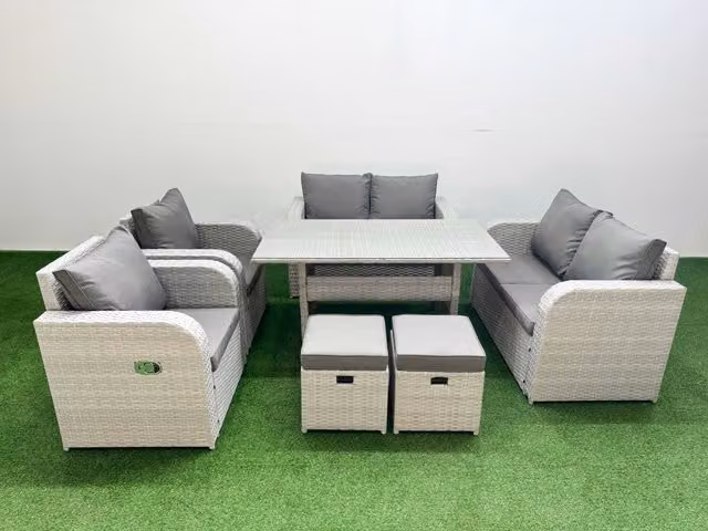 Fimous 8 Seater Rattan Garden Furniture Set with Reclining Love Sofa, Rectangular Dining Table and 2 Stools in Light Grey