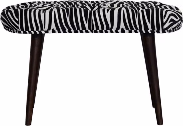 KDMK Black Zebra Print Velvet Deep Button Bench with Mango Wood Frame