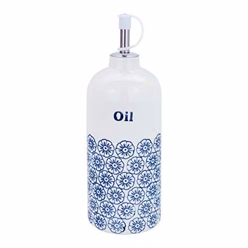 Nicola Spring Floral Blue and White Stoneware Vinegar Bottle with Stainless Steel Pourer, 500ml – 1