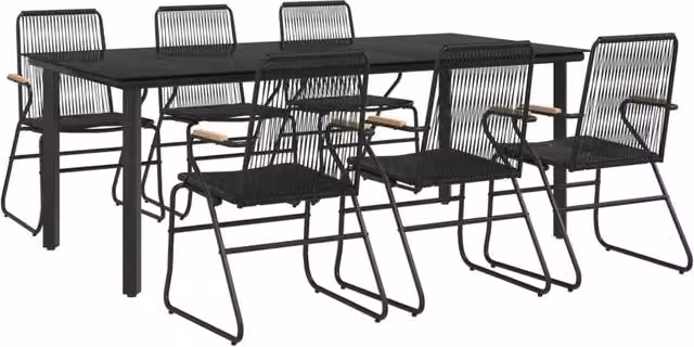 Berkfield Home Beautiful 7 Piece Black PVC Rattan Garden Dining Set with Teak Wood and Glass