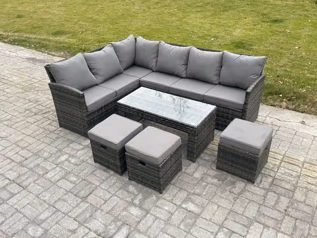 Fimous 9 Seater Rattan Garden Furniture Set in Dark Grey with L-Shape Corner Sofa, Oblong Coffee Table and 3 Ottomans