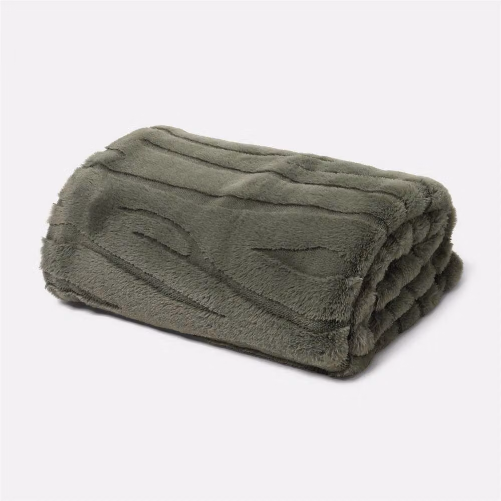 OHS Green Carved Faux Fur Fleece Throw Thermal Blanket, W: 120 cm, D: 150 cm – 2
