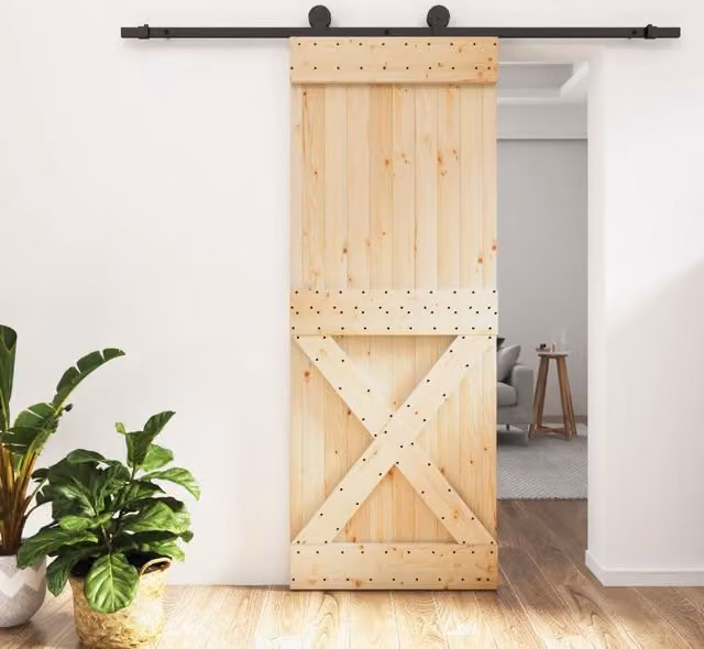 Berkfield Home Modern Sliding Door with Hardware Set in Brown Solid Wood, W: 80 cm, H: 210 cm – 1