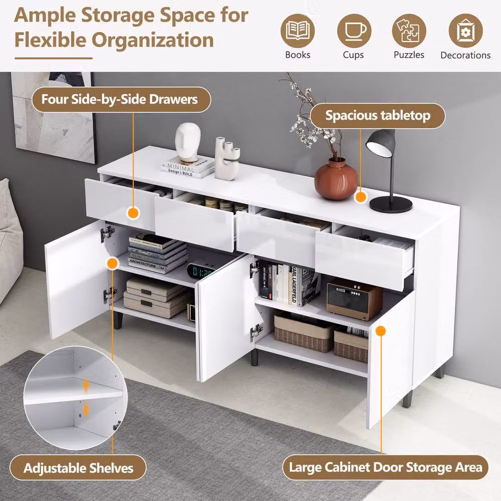 Merax Modern Glossy White Sideboard Buffet Cabinet with 4 Drawers and 4 Doors, W/D/H: 120 x 40 x 68 cm – 4