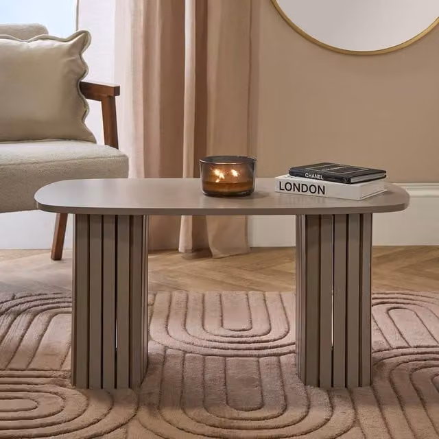 OHS Madison Ribbed Oval Coffee Table and Side Table in Natural Beige