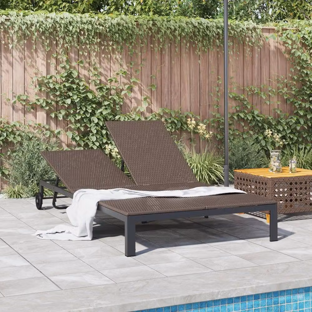 Berkfield Home 2-Person Brown Poly Rattan Sunbed with Cushions and Wheels – 2